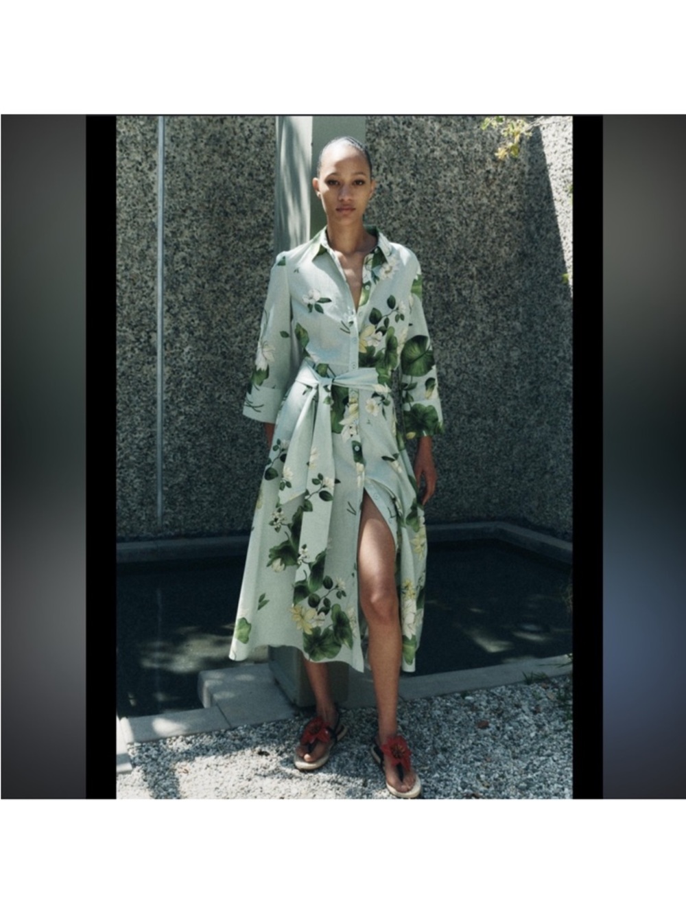 Floral Midi Shirt Dress in Light Green Magnolia Floral S 3/4 Sleeve Zara Spring
